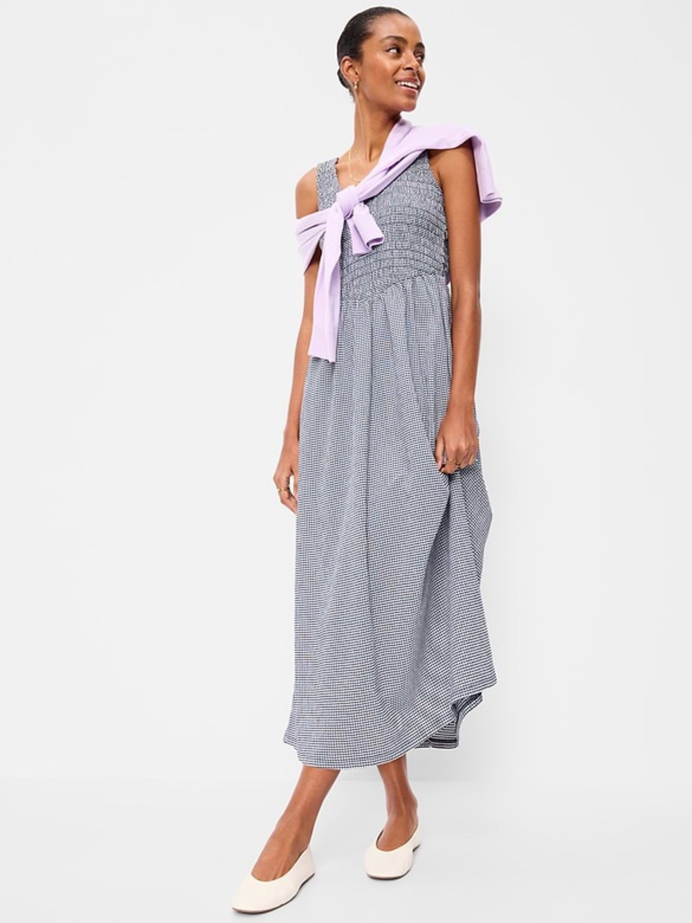 Old Navy Navy Gingham Smocked Midi Dress - Picture 3 of 7
